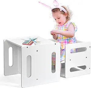 Kids Table and Chair Set, Montessori Weaning Table and Chair,Natural Bamboo Small Desk Chair,Activity Table and Chair Set, White