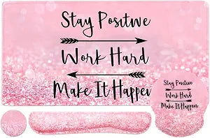 4-in-1 Gaming Mouse Pad Wrist Support SetDesk Pad + Mouse Pad with Wrist Rest + Keyboard Wrist Rest + Coaster, Ergonomic Design for Home Office Study Game - Pink Stay Positive