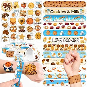 96 PCS Cookie Party Favors Set - 72 Temporary Tattoos & 24 Slap Bracelets for Kids, Perfect for Cookie-Themed Birthday Supplies, Baby Shower and Sweet Party Decorations