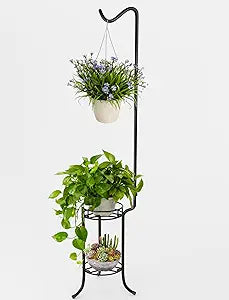 2 Tier Hanging Plant Stand,76 Inch Tall Corner Metal Plant Stands with Shepherd's Hook,Sturdy Flower Pot Stand for Indoor and Outdoor Use,Heavy Duty Garden Selft Plant Holders for Living Room,Balcony,Patio