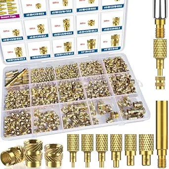 513Pcs SAE Threaded Inserts, #2-56#4-40#6-32#8-32#10-32 1/4"-20 Female Thread Knurled Nuts Assortment Kit, Brass Heat Set Insert for Plastic and 3D Printing Components