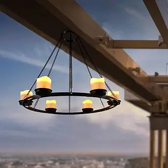 Outdoor Chandelier Solar, Hanging Candle Lantern with 7pcs Solar Powered Votive Lights in Matt Black Finished Metal Candle Holders for Home, Garden, Backyard, Pergola, Gazebo, Tree, Window Decor