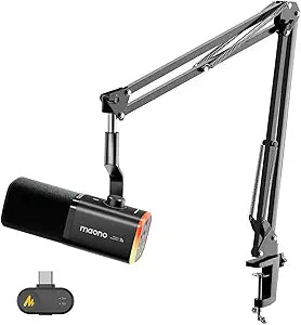 MAONO PD100WS Wireless Gaming Microphone for PC, Dynamic Streaming USB Mic with 3 Level Noise Cancelling,RGB,Mute Button, Software EQ,Computer Boom Mic for Podcast, Vocal Recording, Black