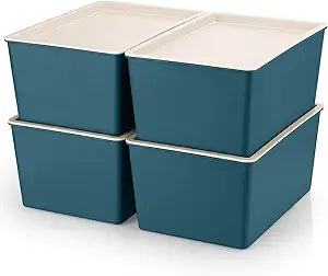 Menkxi 4 Pcs Storage Bins with Lids Plastic Stackable Containers for Organizing Shelves Christmas Ornament Box Baskets(Blue,Small)
