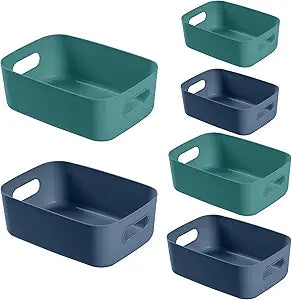 6-Pack Plastic Storage Bins Baskets of 3 Sizes, Blue and Green