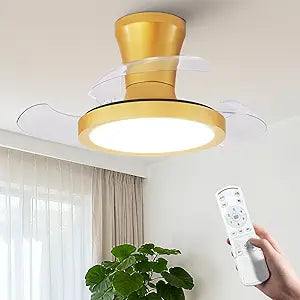 Retractable Ceiling Fans with Lights, 24" Small Ceiling Fan Light Remote Control, LED Dimmable Flush Mount Fandelier, 6 Speeds Modern Ceiling Fan for Bedroom Dinning Rooom Kitchen (Gold)