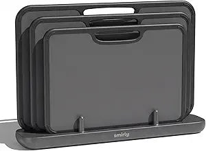 SMIRLY Plastic Cutting Board Set with Holder, Non-Slip Chopping Boards for Kitchen, Dishwasher Safe, Essential Kitchen Gadgets, 3 Pack, Dark Gray