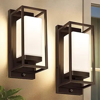 RAYVO Modern Outdoor Wall Light with Dusk to Dawn Sensor, Waterproof Exterior Lighting Fixtures with E26 Base, 3000K LED Bulb Included, Outdoor Sconce Lights for Porch Garage Entryway, Bronze, 2 Pack