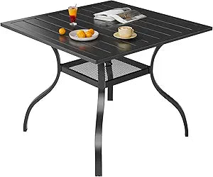 37" x 37" Patio Dining Table Outdoor Square Slated Furniture with Umbrella Hole, Metal Steel Frame(Black)
