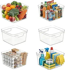 MOONEDGE 6-Pack Clear Cube Storage Bins,10" x 10" x 6" Open-Top Plastic Organizer Boxes, Square PET Containers for Closet,Pantry,Kitchen,Fridge,Playroom,Bathroom,Undersink and Vanity Organization