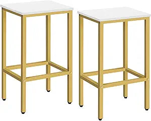 MAHANCRIS Bar Stools, Set of 2 Bar Chairs, Kitchen Breakfast Bar Stools with Footrest, 25.8-Inch Height, Rectangular Industrial Stools, for Dining Room, Easy Assembly, White and Gold BAJW0101
