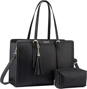 LOVEVOOK Laptop Bag for Women 15.6 inch Lightweight PU Laptop Tote Bag, Large Capacity Computer bag with Clutch Purse for Business, Work, Office, Travel, School,Casual(Black & Leather)