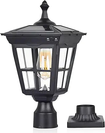 Solar Lamp Post Light, Cast Aluminium Waterproof LED Pillar Lights with Glass Outdoor Dusk to Dawn Post Light Solar Powered ST4311BQ for Pier Mount Gates Yard Pole (Black+Clear Glass)