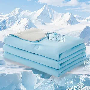 Cooling Comforter Queen Size & Night Sweats Reversible Cool Blanket- 90x90 Blue Grey Bedding, Temperature-Regulating Lightweight Silk Soft Feeling Hypoallergenic Summer Luxury Quilt Man Women