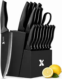 XANAPON 19-Piece Black Kitchen Knife Set with Block and Built-in Sharpener, High Carbon Stainless Steel Chef Knives Set for Kitchen with 8 Steak Knives, Ergonomic Handles, Perfect Housewarming Gift