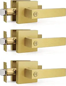 Gobrico 3 Pack Heavy Duty Gold Square Privacy Interior Door Levers, Satin Brass Finish, Bedroom and Bathroom Door Handles Keyless Bed/Bath Lockset