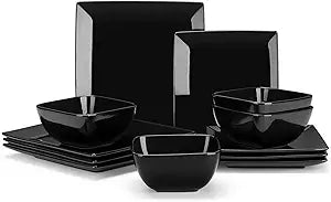 vancasso Soho Dinnerware Sets 12 Pieces, Black Stoneware Square Place Setting, Plates and Bowls Sets, Dinner Plate, Dishes Set for 4
