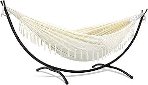 SUNCREAT Portable Outdoor Hammock with Stand Included, Double Hammock with Tassel for Outside, Beige