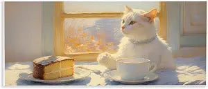 Sunlit Tea Party Cat, 7 x 17 Inch Mounted Print on Wall Plaque