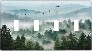Rustic Forest Mountain 4 Gang Light Switch Cover Misty Green Woodland Quad Toggle Wall Plate Decorative Outlet Covers Faceplates Electrical Switchplate for Country Nursery Bedroom Office Decor