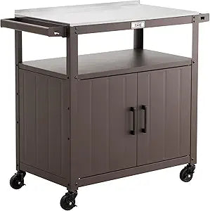Feasto Outdoor Grill Cart with Stainless Steel Tabletop and Storage Cabinet, Movable Kitchen Island with Wheels for BBQ Food Prep, Brown