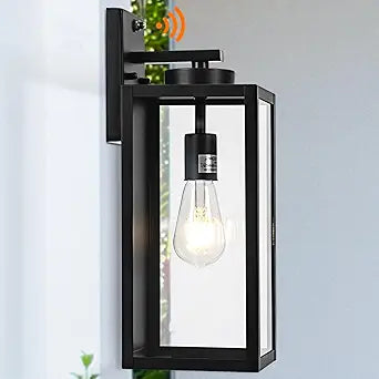 Dusk to Dawn Outdoor Wall Light Fixture, 16" Large Exterior Black Lantern Waterproof, Farmhouse Porch Sconce Lighting, Modern Wall-Mounted Outside Lights for House Garage, Patio Lamp