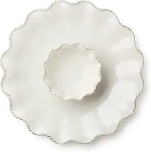 Heritage Ivory Stoneware Chip & Dip Set, 2-Piece 15 Scalloped Serving Platter with 6 Dip Bowl (14oz) Elegant Ripple-Edge Design for Entertaining, Snacks, & Appetizers