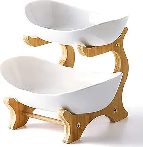 Liywall - 2 Tier Ceramic Fruit Bowl With Bamboo Wood Stand for Kitchen Counter,Porcelain Fruit Basket for Vegetable Storage,Snack Dessert Cake Tray Plate Rack for Party Wedding - White