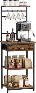 YMYNY 5 Tier Coffee Bar Station, Coffee Stand with Fabric Drawers, 8 S-Shaped Hooks, Corner Bar Cabinet, Height Adjustable, Bakers Rack for Kitchen, Living Room, Rustic Brown HBR009H