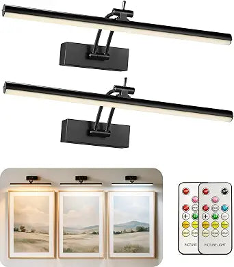 Yuichoy 2 Pack Picture Lights for Wall Battery Operated, 16 inch Wireless Art Lighting for Painting, 6 Colors Picture Frame Lights with Remote, Dimmable 5200mAh Gallery Light, Black