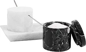 Radicaln Marble Salt Cellar with Lid and Tray 3" Inch Black & White Handmade Salt Dish For Kitchen Countertop, Ideal Set of 2 Seasoning Jars & Table Salt Container For Table