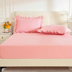 KKJIAF Twin Fitted Sheet with 1 Ruffle Pillowcases, Brushed Microfiber Fitted Bed Sheets with 16 Inches Deep Pocket, Comfy Breathable Bed Sheets, Light Pink (No Flat Sheet)