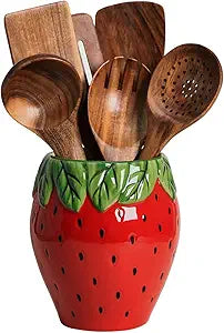 Strawberry Shaped Ceramic Kitchen Utensil Holder, Large Cooking Utensil Crocks for Kitchen Countertop, Ceramic Utensil Organizer for Spatula, Kitchen, Home Decoration-Retro Red