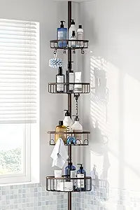 Corner Shower Caddy Tension Pole: Stainless Steel Rustproof 4-Tier Shower Organizer - 47-121 inch Adjustable Bathroom Shelves for Bathtub Shampoo Storage - Tension Rod Floor Standing Bath Rack -Bronze