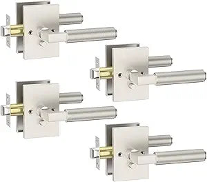 Amerdeco 4 Pack Privacy Door Handles,Brushed Satin Nickel Door Handles Interior,Knurled Gold Door Lever, Heavy Duty Bedroom and Bathroom with Lock,Reversible Keyless for Right & Left Side AM0032