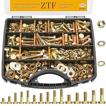 ZTF 528PCS SAE Bolts and Nuts Assortment Kit, Heavy Duty Hex Bolts Nuts and Washers Assorted kit 15 Common Sizes,1/4-20, 5/16-18, 3/8-16, 1/2-13 Assorted Nuts Bolts Washers,Yellow Zinc Plated