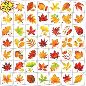Qpout Glitter Fall Temporary Tattoos for Kids,96pcs Pre-cut Individually Maple Leaf Seasonal Leaves Face Tattoo Stickers for Autumn Themed Thanksgiving Party Favors Supplies Prizes Rewards