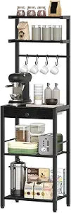 YATINEY Bakers Rack, 5-Tier Coffee Bar Station, Coffee Stand with Pod Drawer Holder, Versatile Kitchen Storage Rack with 4 Hooks, for Living Room, Cafe Corner, Black KF01BB
