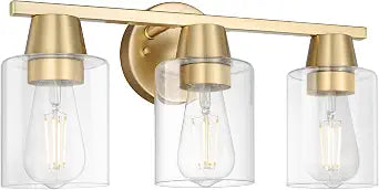 Modern Wall Sconces Lighting with Brass Finished Clear Glass Shade, Matte Gold 3 Vanity Light Over Mirror, Industrial Bathroom Light Fixtures for Living Room Hallway Kitchen Porch E26 Base