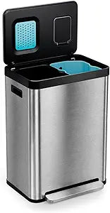 Home Zone Living 19 Gallon Kitchen Trash Can with Dual Compartments for Recycling, CleanAura Odor Control, Stainless Steel, Silver, 70 Liters Total