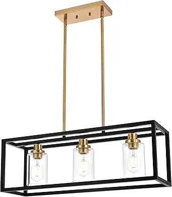 MELUCEE Dining Room Light, Island Lights for Kitchen Modern Chandeliers Rectangle Black 3 Lights, Linear Pendant Ceiling Lighting Fixture with Clear Glass Shade and Brass Socket, E26 Base
