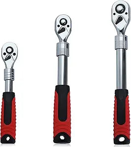 3 Piece Extendable Ratchet Set 1/4 3/8 1/2 Inch Drive Retractable Socket Wrench, 72 Tooth Reversible Ratcheting Feature Quick Release Locking Ratchets, CR-V, Soft Grip Handle Hand Tools
