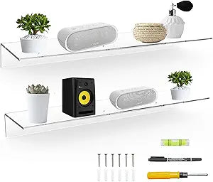Sezanrpt 24 Inches Clear Floating Shelves for Wall, Acrylic Long Wall Shelf, Wall Mounted Shelves for Plants, Speaker, Radio, Funko Pop, Stuffed Animal, Books, Cosmetics, Toiletries, 2 Pack (24 Inch)
