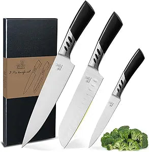 CHUSHIJI Kitchen Knife Set 3 Piece | Professional Chef Knife Set with 8" Chef Knife, 7" Santoku Knife, 5" Utility Knife | High Carbon Stainless Steel Sharp Kitchen Knives for Home Cooking & Gifting