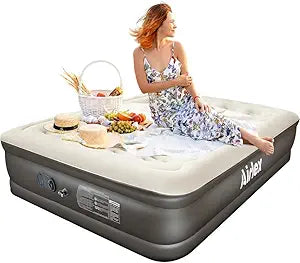 Air Mattress Queen Size Inflatable Camping Air Bed Inflating Mattress Blow Up Bed 80L*60W*16H Airbed Mattress Portable Inflatable Bed Colchon Inflable Airmattress Guest Bed (Dark Khaki)