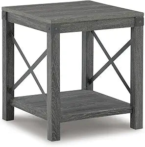 Signature Design by Ashley Freedan Rustic Square Farmhouse End Table, Wood, Metal Crossbuck Accents, Lower Display Shelf, 22.63" High, Gray