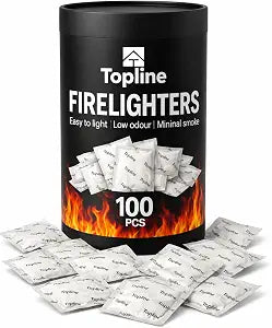 Topline 100 Fire Starters for Fireplace, Wood Stove, Charcoal BBQ & Campfire Waterproof Odorless Fire Starter Sachets, Quick-Light Indoor & Outdoor Firestarter Pouches in Storage Tube