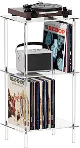 HMYHUM Acrylic Record Player Stand, Turntable Stand with Vinyl Record Storage, Tall Side Table/End Table for Living Room, Bedroom, 3-Tier, Modern, 15.7" L x 11.8" W x 30.8" H, Clear