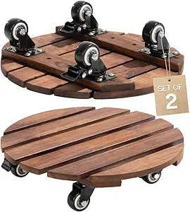 Idzo 2-Pack 14 Inch Acacia Wood Plant Caddy with Wheels Heavy-Duty Plant Dolly with 264 Lbs Capacity, 360 Lockable Wheels for Large Plant Pots, Heavy Objects, Ideal for Indoor and Outdoor Use