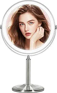 VESAUR 15X Magnifying Mirror with Light, 9.5 Large 5000mAh Rechargeable Double Sided HD Lighted Makeup Mirror with 3 Touch Dimmable Light, 360 Swivel Detachable for Travel Vanity Mirror Nickel, Gifts